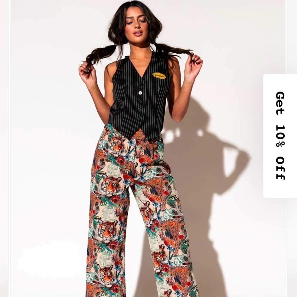 Dressed in LALA Floral & Tiger Print Wide-Leg Pants - Cream, Orange, Green, Blue